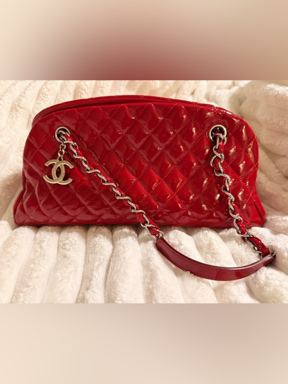 Chanel Just Mademoiselle Bowling Bag - Red Quilted Patent Leather